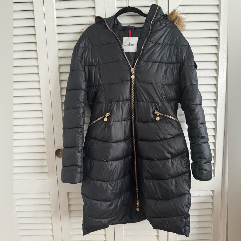 Black Moncler Long Down Jacket with removable fur Fits small